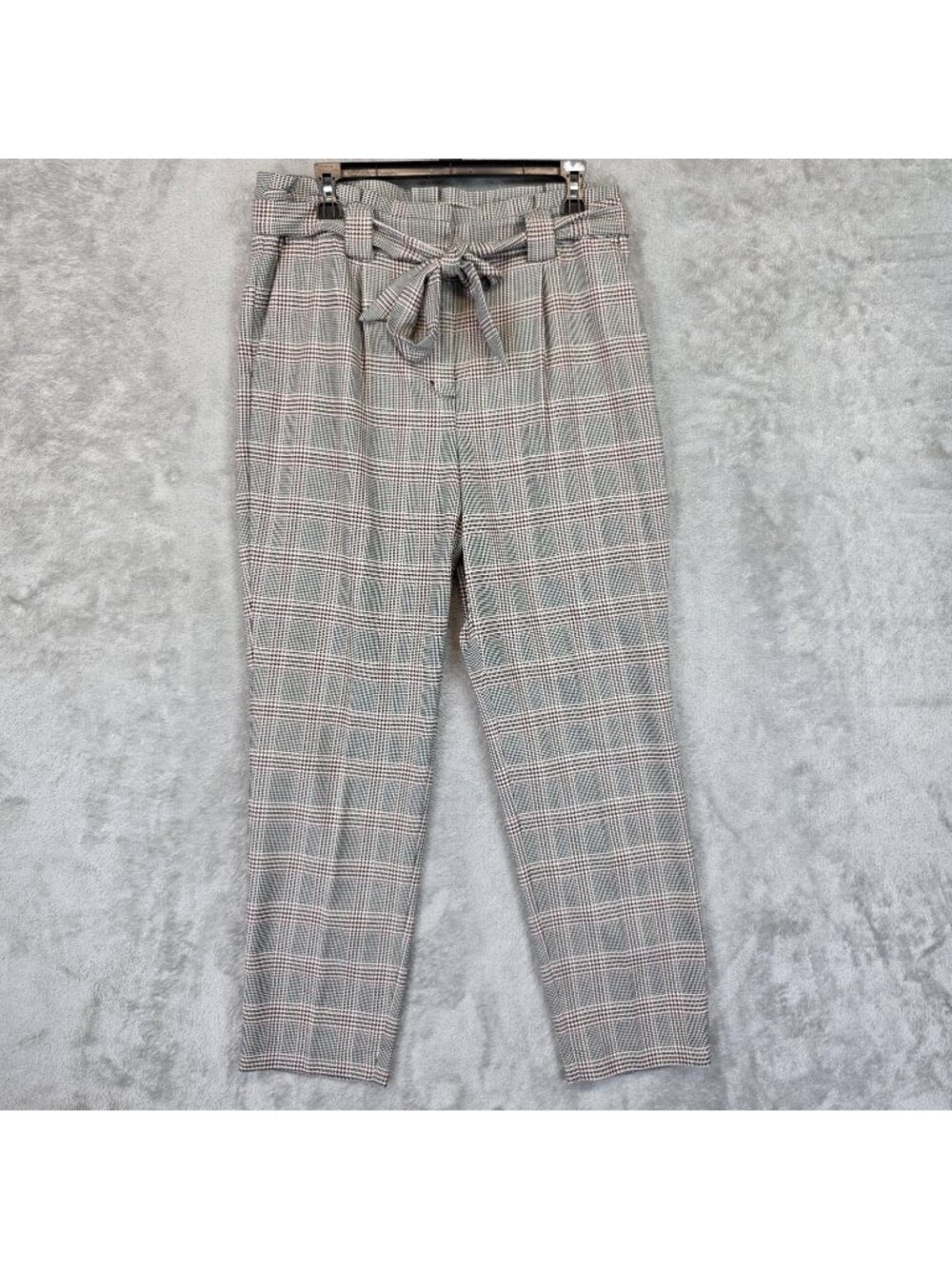 Express Paperbag Pants Womens 12 Gray Plaid Twill Ankle High Rise Belted Stretch